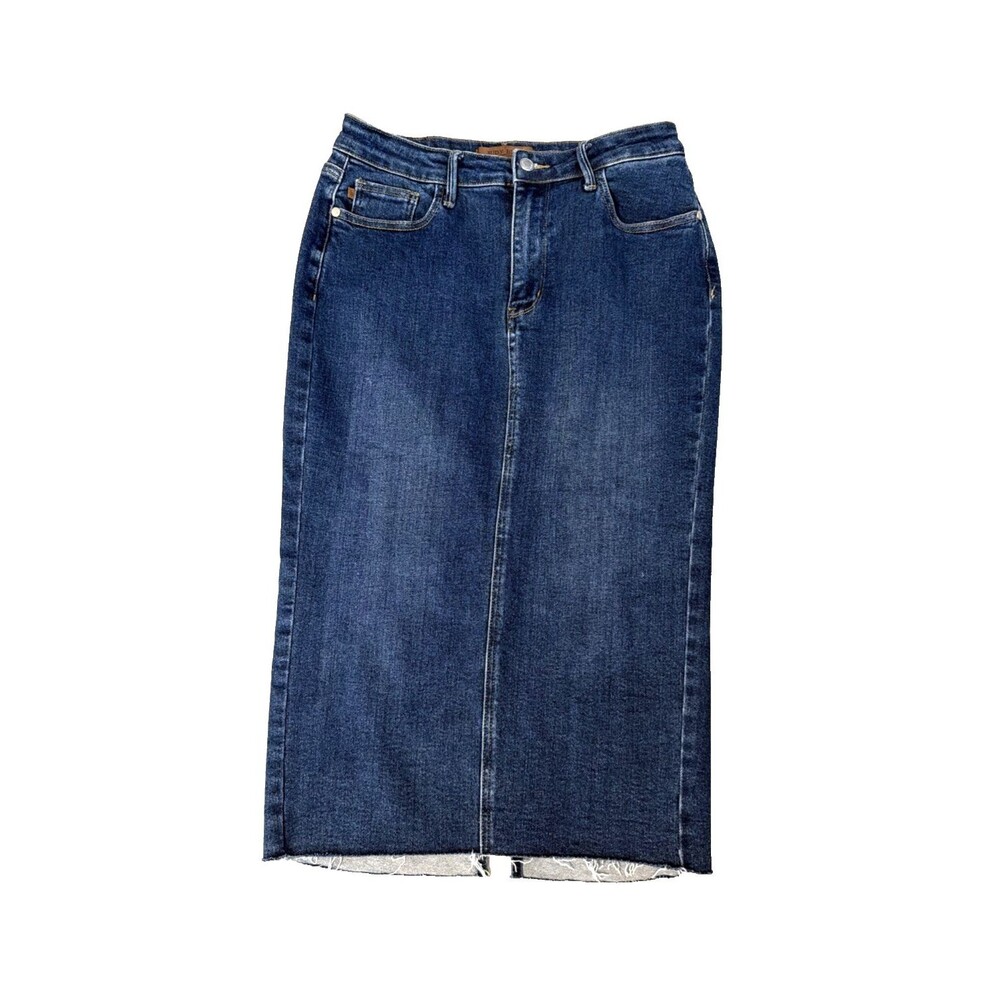 Judy Blue Denim Skirt Size L High Waist Back Slit Midi Stretch Raw Hem JB2831DK